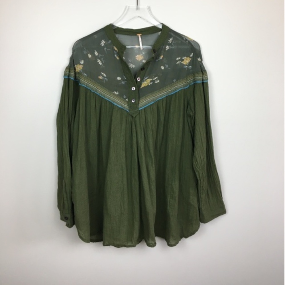 Green Free People Floral Accent Cotton Top - M